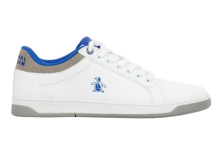 Tenis casuales marca Penguin en color blanco con detalles en azul y suela gris.