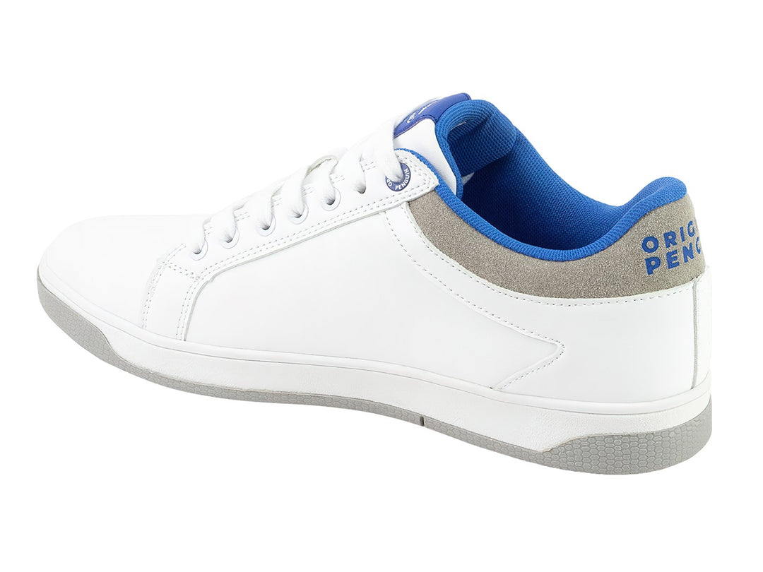 Tenis casuales marca Penguin en color blanco con detalles en azul y suela gris.