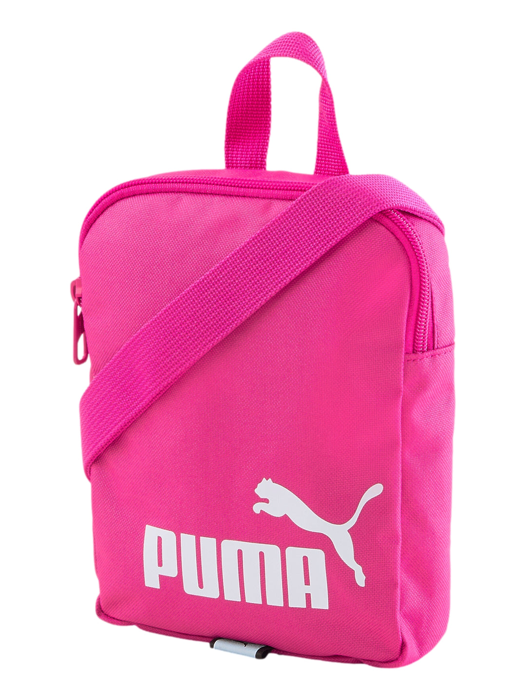 Bolsa de hombro pequeña PUMA color rosa orquídea con logotipo blanco frontal y asa superior.