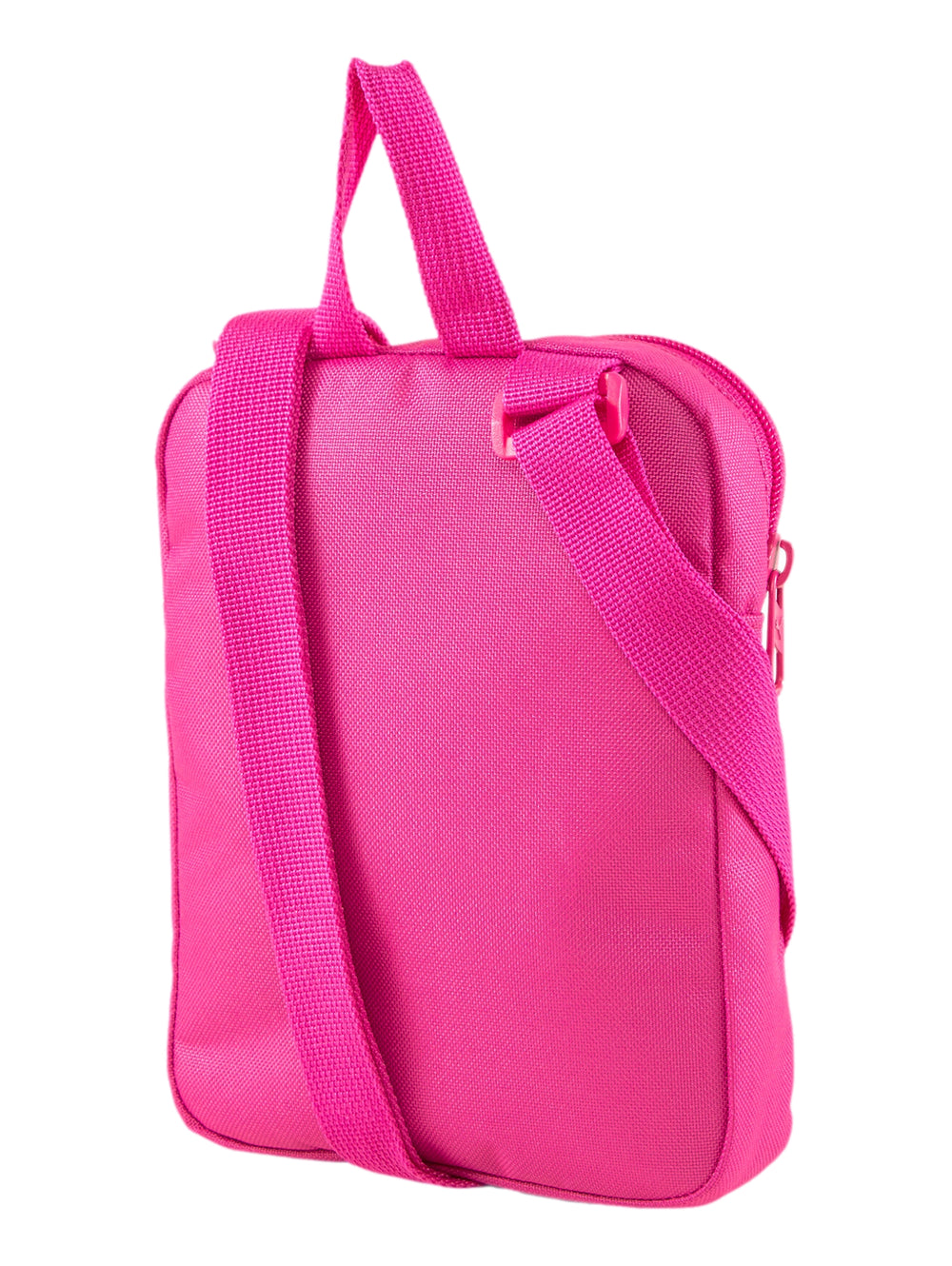 Bolsa de hombro pequeña PUMA color rosa orquídea con logotipo blanco frontal y asa superior.