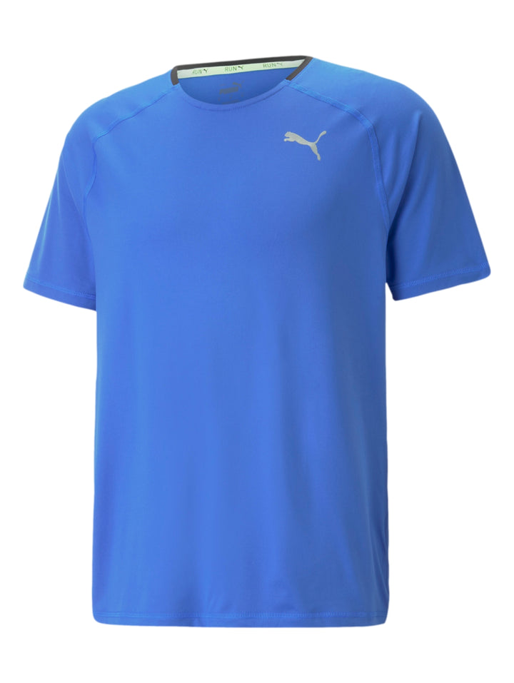 Camiseta deportiva PUMA de manga corta en color azul Royal Sapphire con logotipo plateado en el pecho.