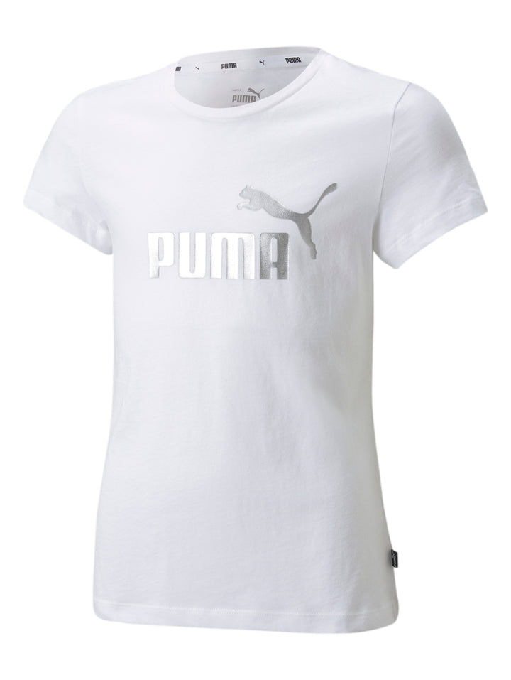 Camiseta deportiva PUMA de color blanco con logotipo plateado en el pecho.