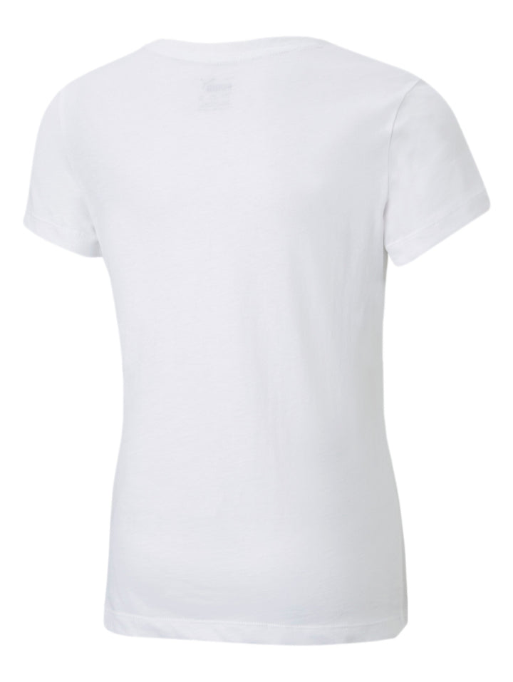 Camiseta deportiva PUMA de color blanco con logotipo plateado en el pecho.