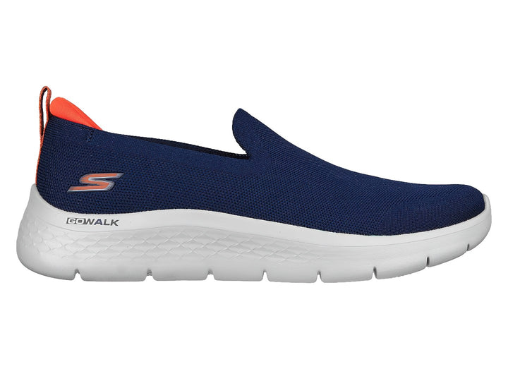 Tenis Skechers Go Walk Flex color azul marino con suela blanca y pestaña naranja en el talón.