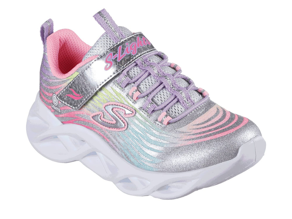 Tenis Skechers Twisty Brights para niña en colores multicolor con suela blanca ondulada y detalles brillantes.