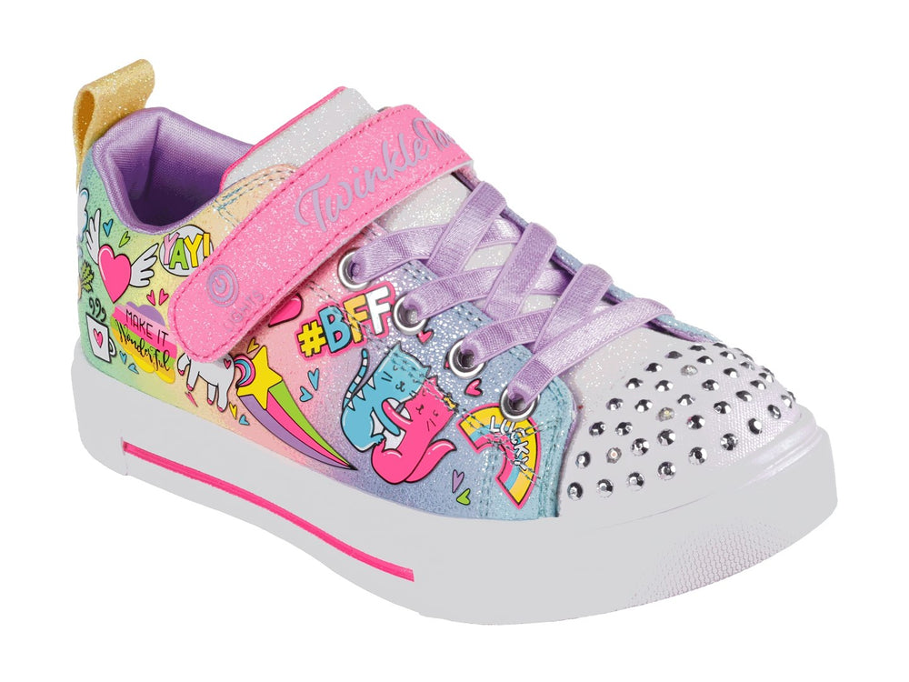 Tenis Skechers para Niña multicolor con estampados de unicornios, arcoíris y detalles brillantes en la punta.