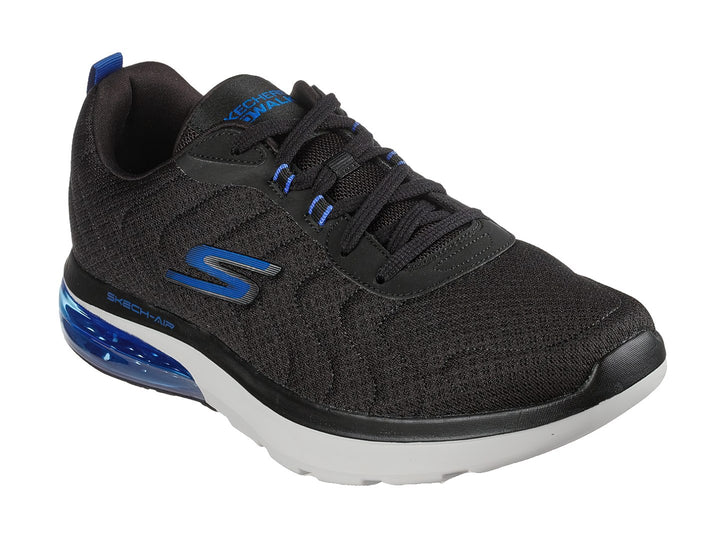 Tenis deportivos Skechers color negro con suela blanca y cámara de aire azul.