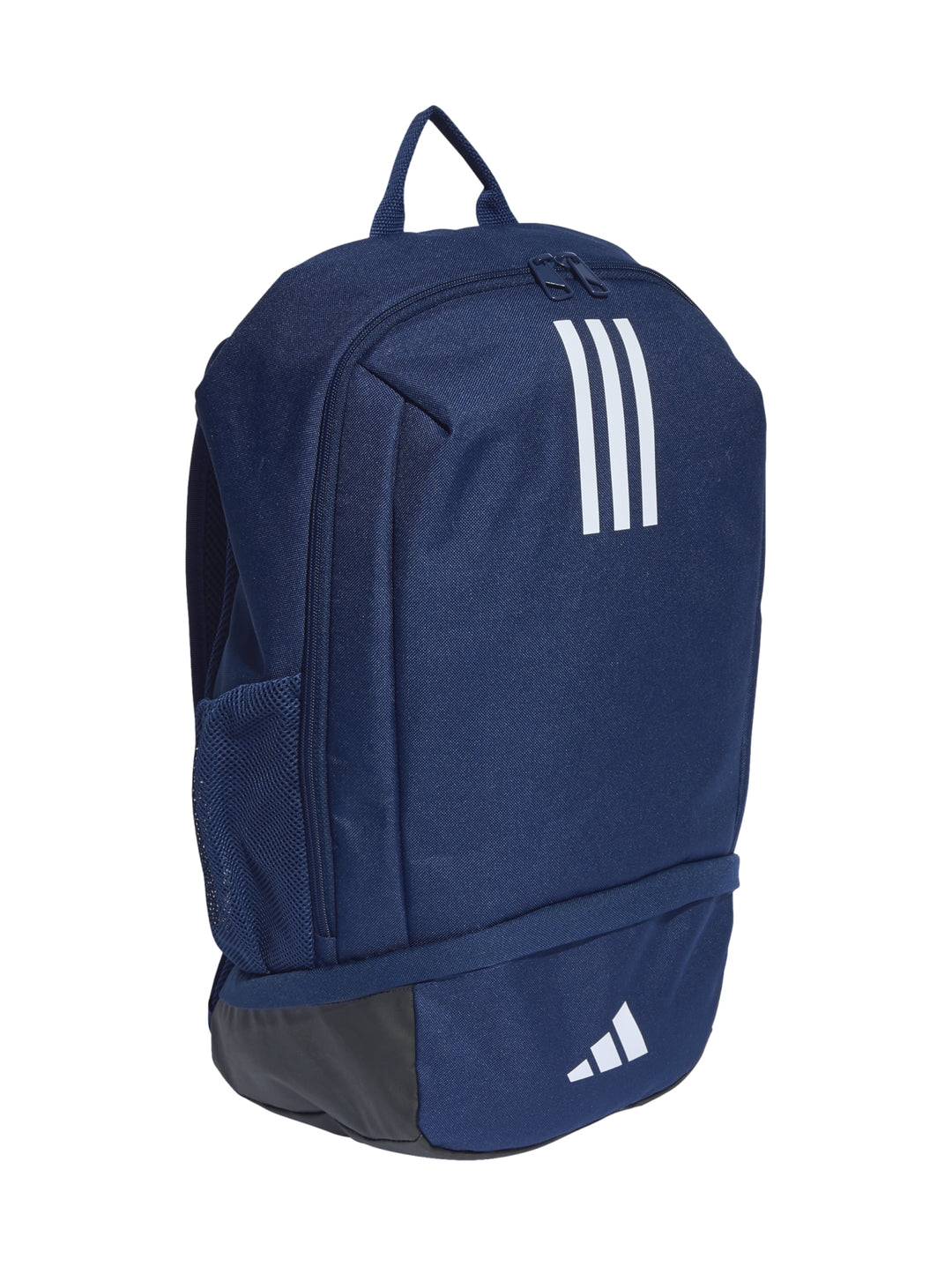Mochila Adidas color azul marino con detalles en blanco y bolsillos laterales de malla.