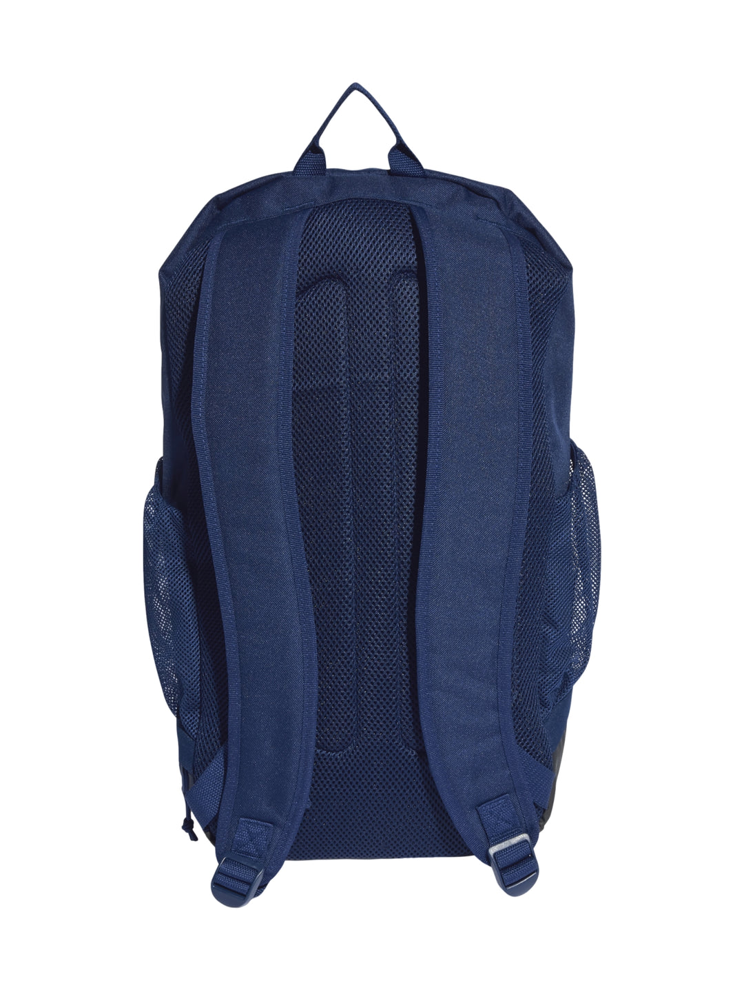 Mochila Adidas color azul marino con detalles en blanco y bolsillos laterales de malla.