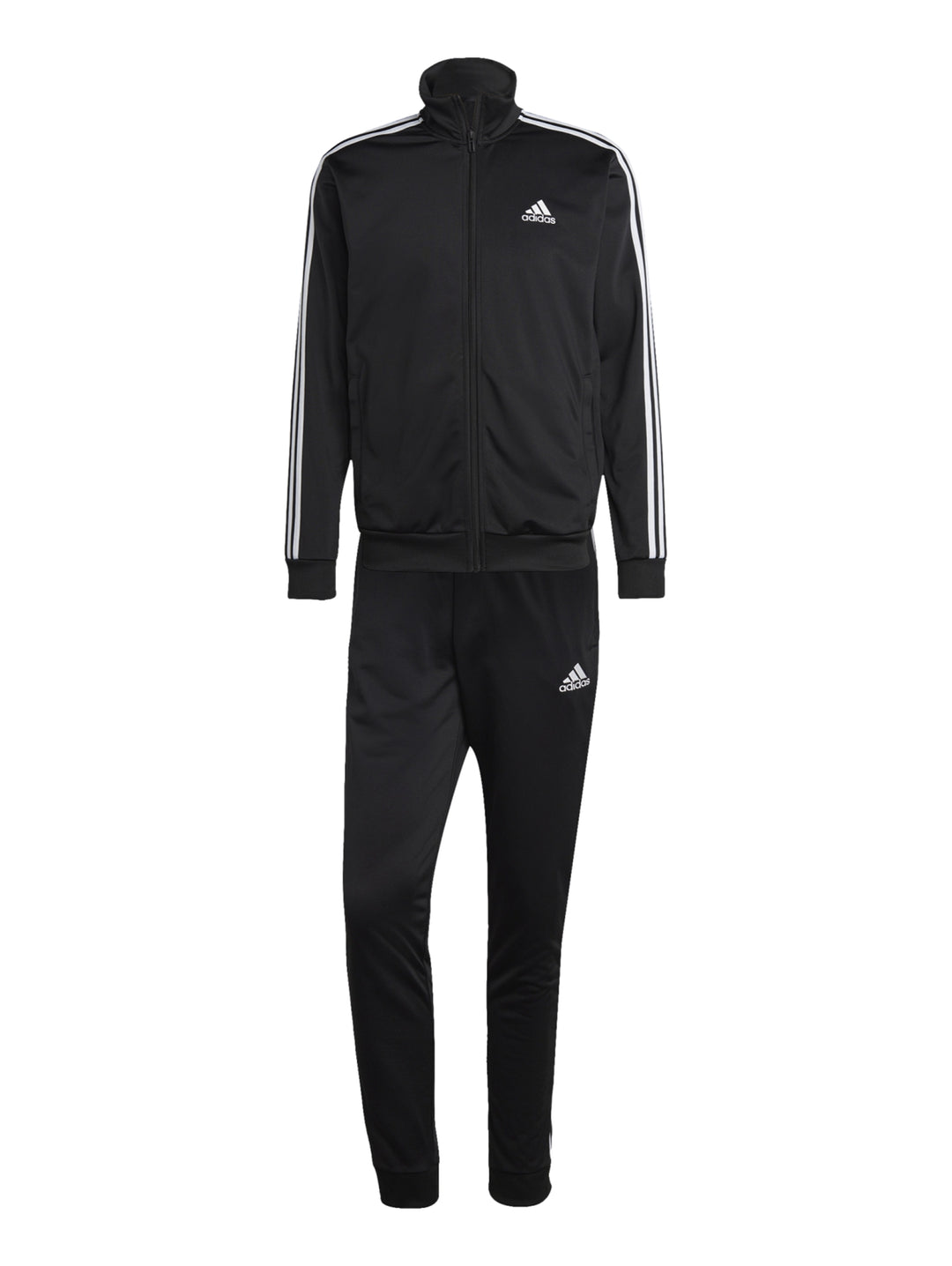 Conjunto deportivo Adidas negro con tres franjas blancas laterales, incluye chaqueta y pantalón.