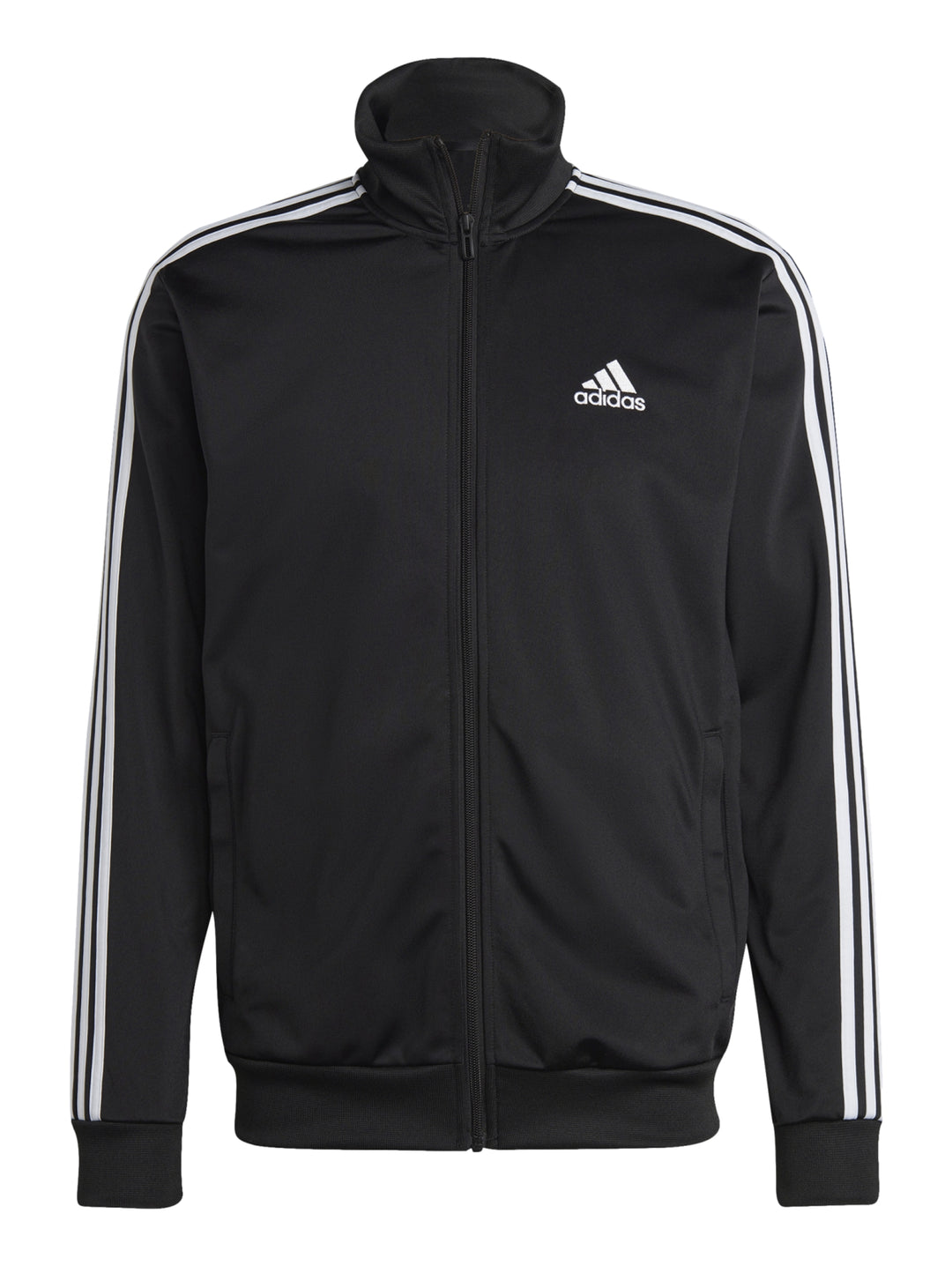 Conjunto deportivo Adidas negro con tres franjas blancas laterales, incluye chaqueta y pantalón.