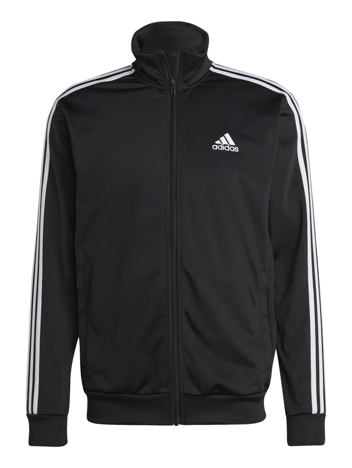 Conjunto deportivo Adidas negro con tres franjas blancas laterales, incluye chaqueta y pantalón.