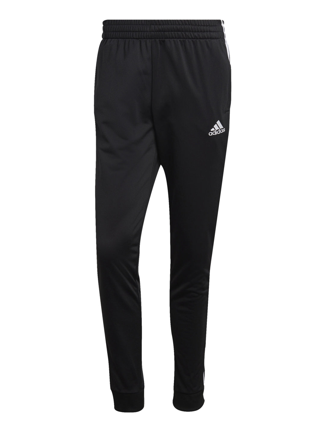 Conjunto deportivo Adidas negro con tres franjas blancas laterales, incluye chaqueta y pantalón.
