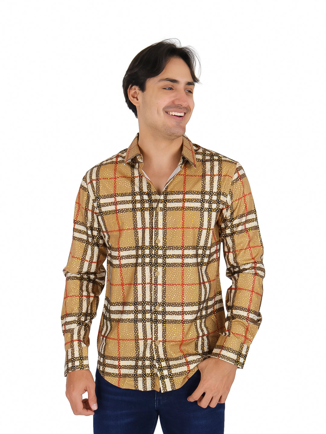 Camisa Pavini Café y Dorado de Manga Larga para Hombre