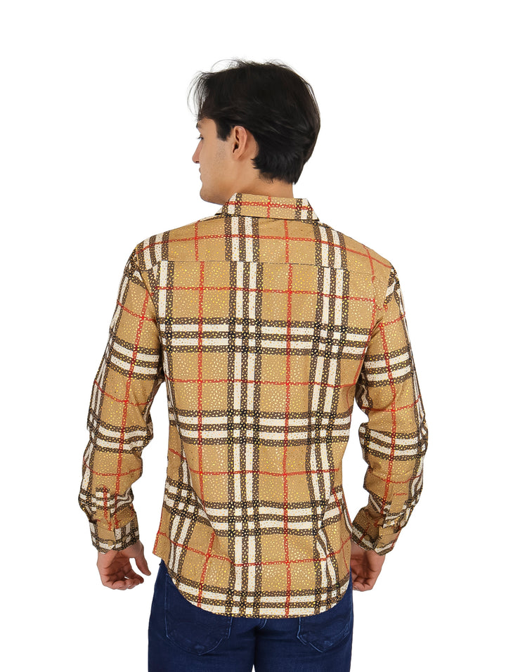 Camisa Pavini Café y Dorado de Manga Larga para Hombre
