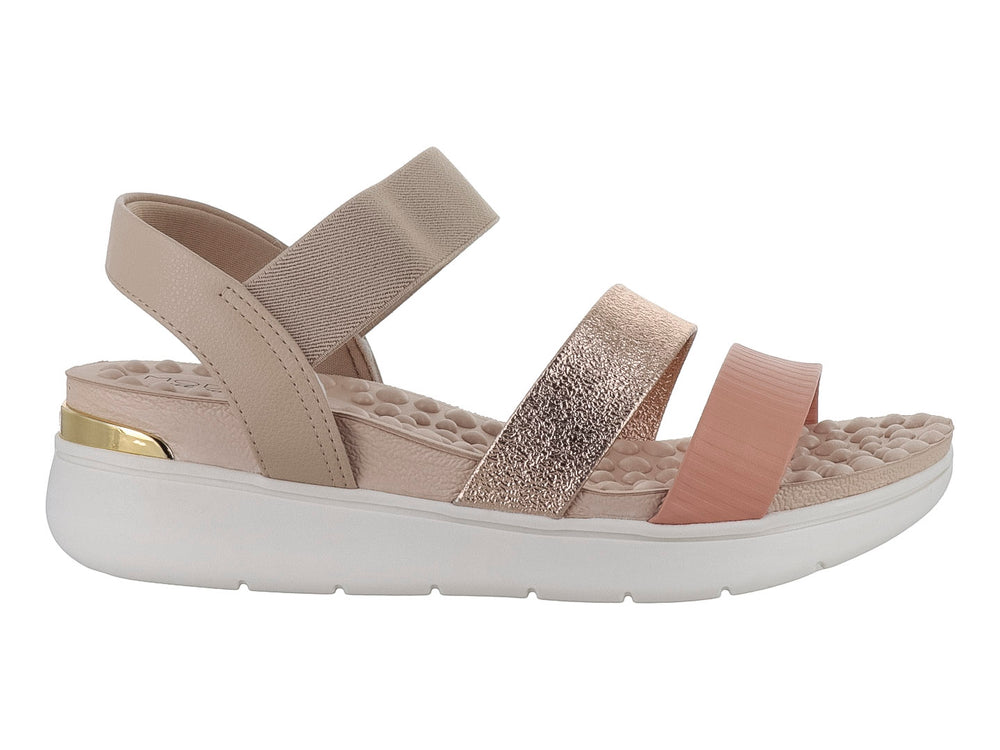 Sandalia Modare para mujer en color beige con correas brillantes y suela blanca de plataforma.