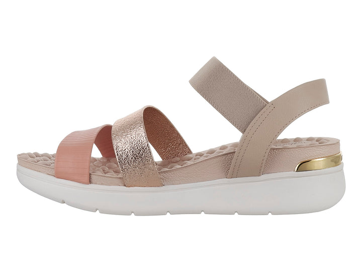 Sandalia Modare para mujer en color beige con correas brillantes y suela blanca de plataforma.