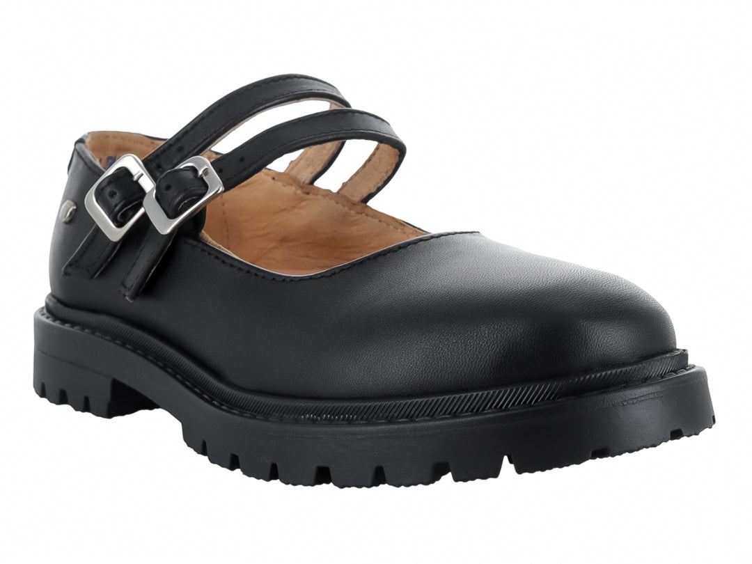 Zapato infantil modelo Steve de la marca Elefante en color negro con doble correa y hebillas plateadas.