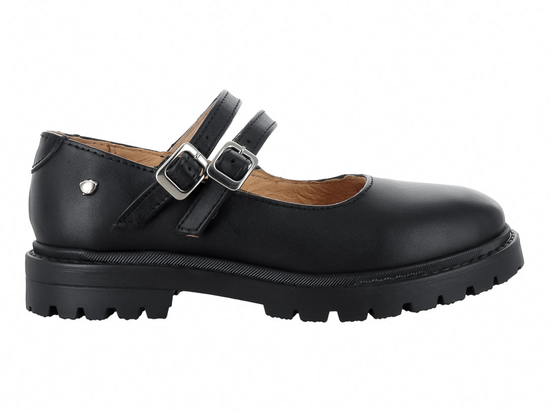Zapato infantil modelo Steve de la marca Elefante en color negro con doble correa y hebillas plateadas.