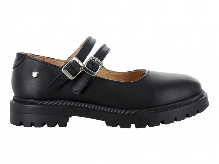 Zapato infantil modelo Steve de la marca Elefante en color negro con doble correa y hebillas plateadas.