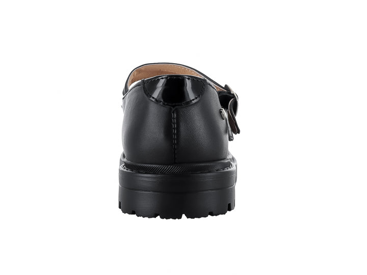Zapato infantil modelo Steve de la marca Elefante en color negro con doble correa y hebillas plateadas.