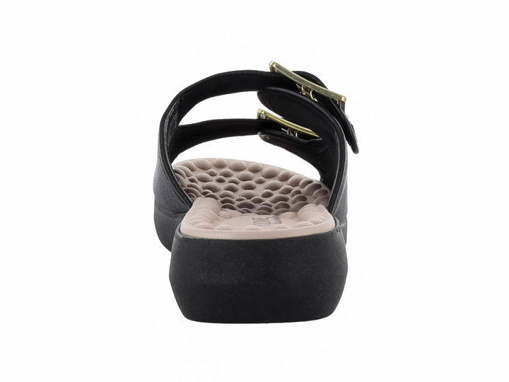 Sandalia negra de marca Modare con dos correas ajustables mediante hebillas doradas y suela ancha.