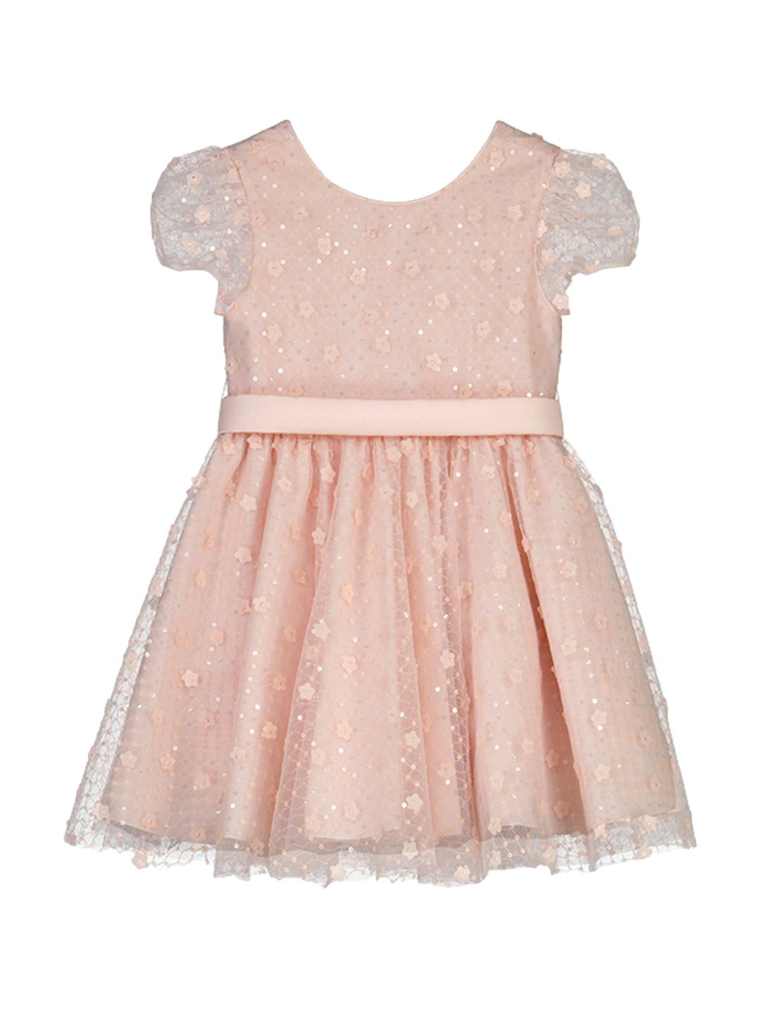 Vestido de tul color rosa pastel con detalles florales y mangas cortas para niña.