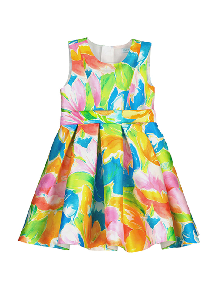 Vestido corto sin mangas para niña con estampado floral multicolor en tonos turquesa, amarillo y rosa.