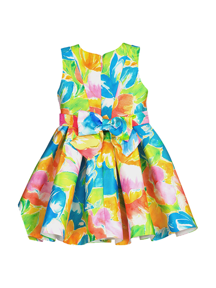 Vestido corto sin mangas para niña con estampado floral multicolor en tonos turquesa, amarillo y rosa.