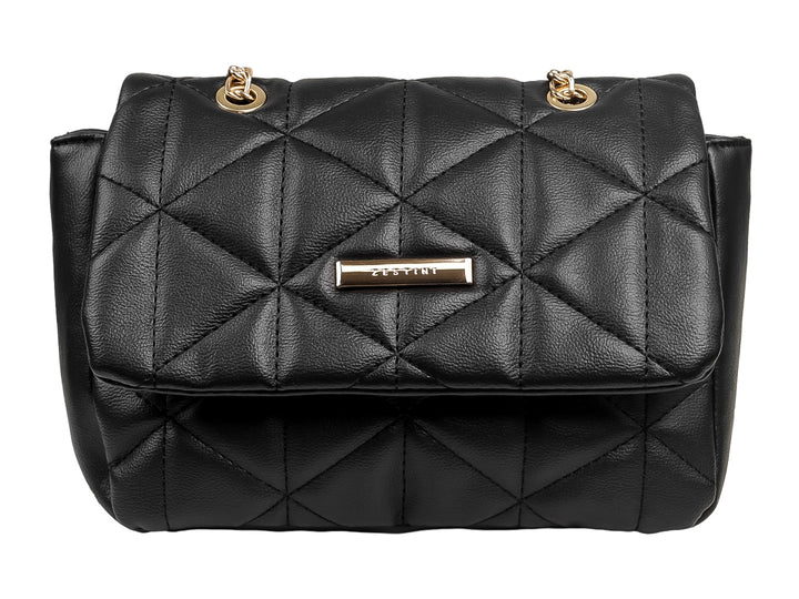 Bolso de hombro Felianna color negro con diseño acolchado geométrico y detalles metálicos dorados.