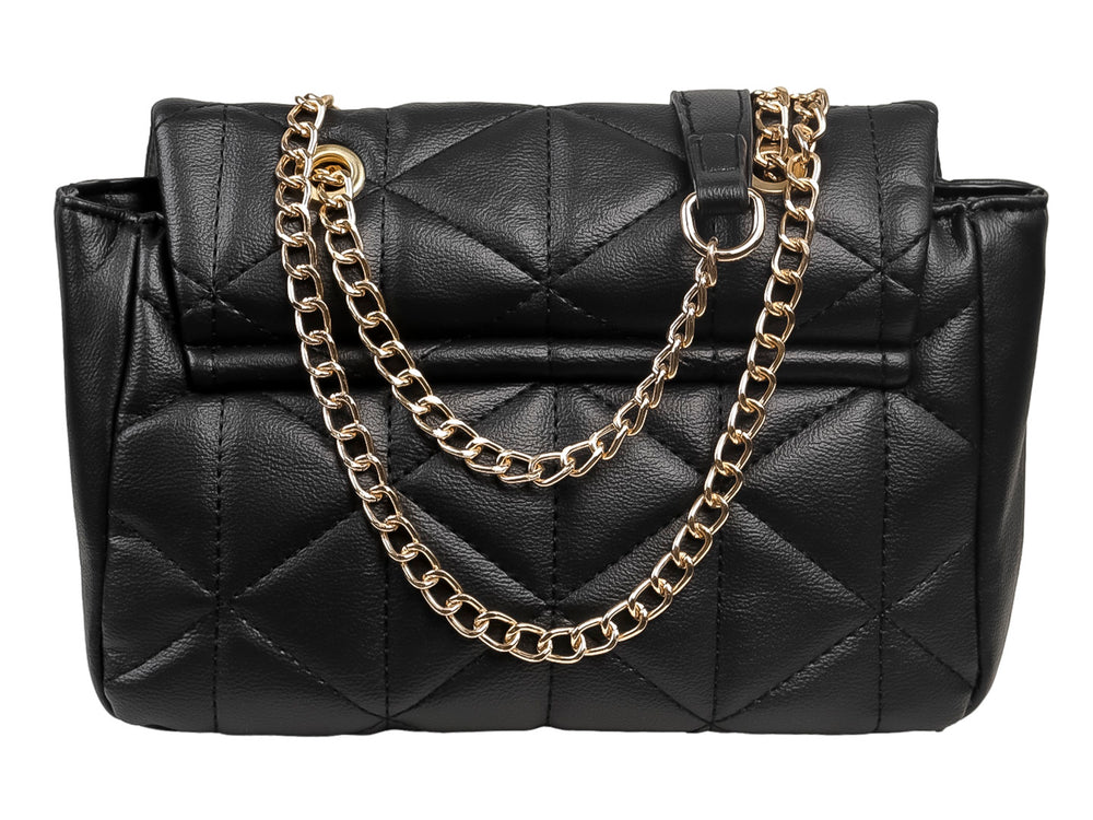 Bolso de hombro Felianna color negro con diseño acolchado geométrico y detalles metálicos dorados.