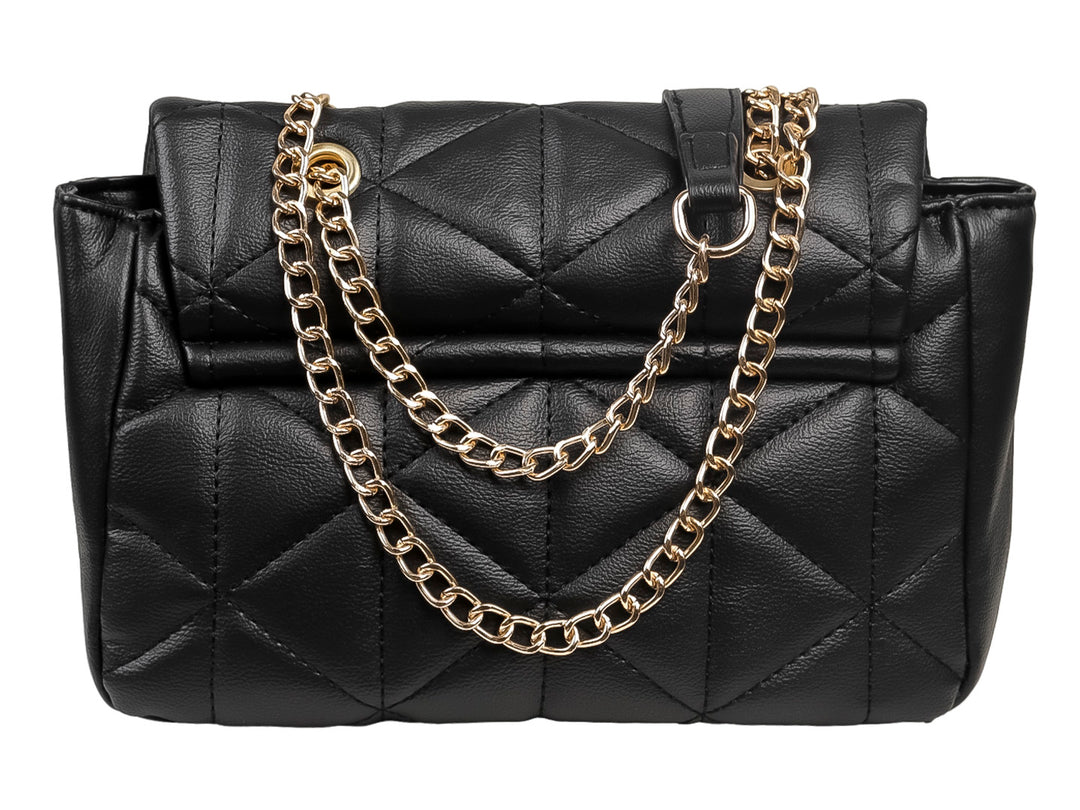 Bolso de hombro Felianna color negro con diseño acolchado geométrico y detalles metálicos dorados.