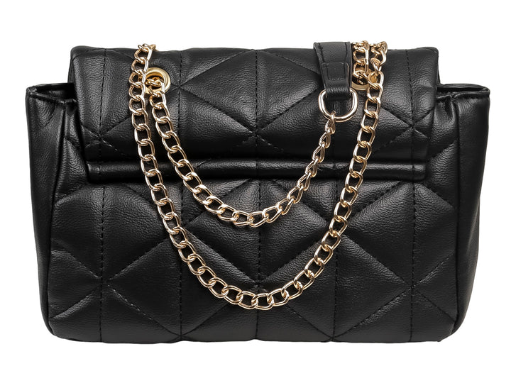 Bolso de hombro Felianna color negro con diseño acolchado geométrico y detalles metálicos dorados.