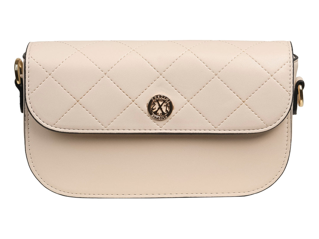 Bolso de hombro Felianna color blanco con diseño acolchado y detalle metálico circular en la solapa.