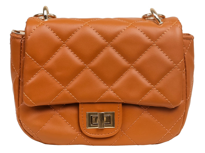 Bolso de hombro color marrón con diseño acolchado en forma de diamante y cierre metálico dorado.