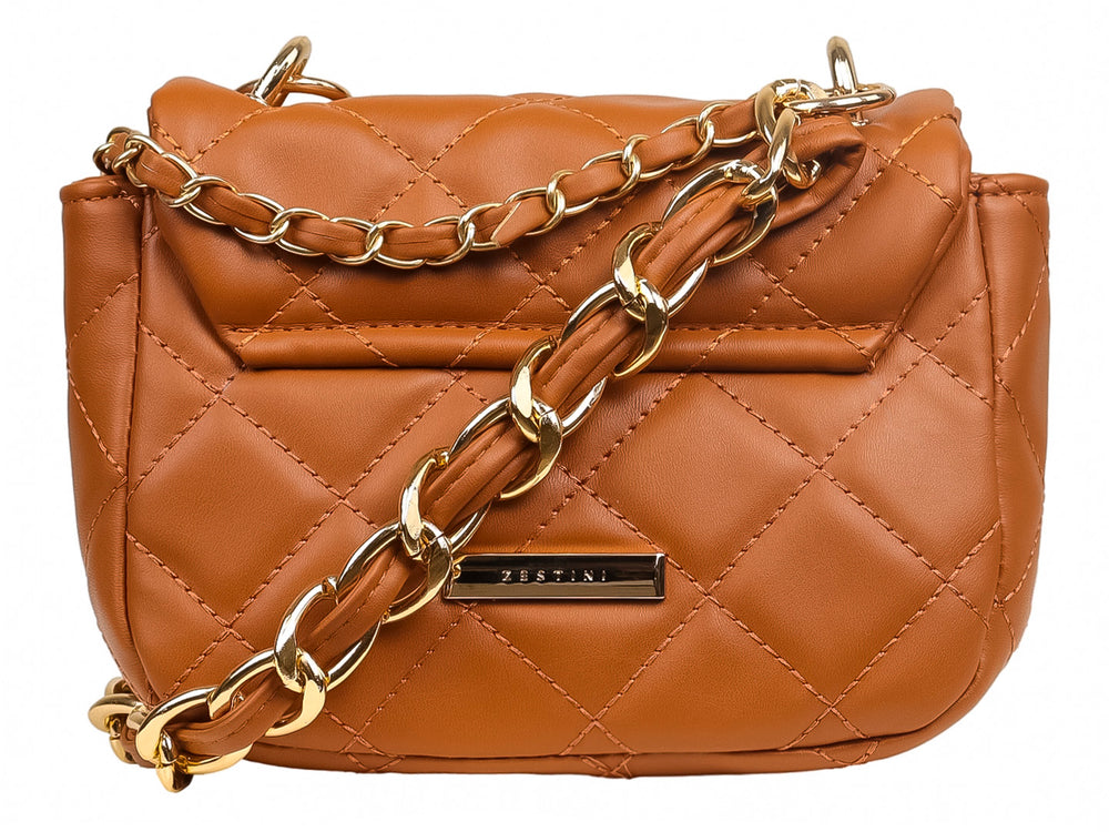 Bolso de hombro color marrón con diseño acolchado en forma de diamante y cierre metálico dorado.