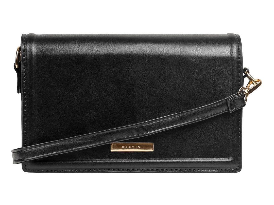 Bolsa de mano color negro con cierre metálico dorado en forma de T y diseño rectangular.