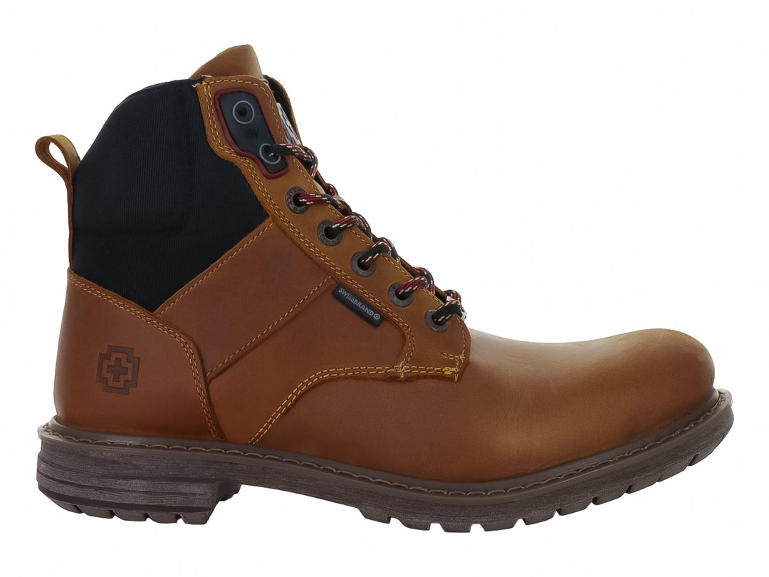 Bota Swissbrand color camel con detalles en negro y suela robusta marrón.