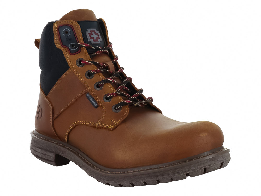 Bota Swissbrand color camel con detalles en negro y suela robusta marrón.