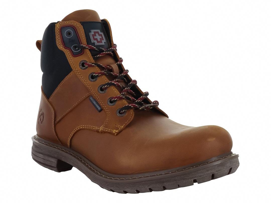 Bota Swissbrand color camel con detalles en negro y suela robusta marrón.