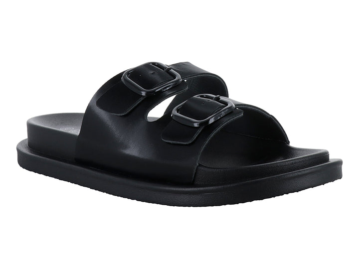 Sandalias negras de dos correas con hebillas y suela plana para niño o niña.