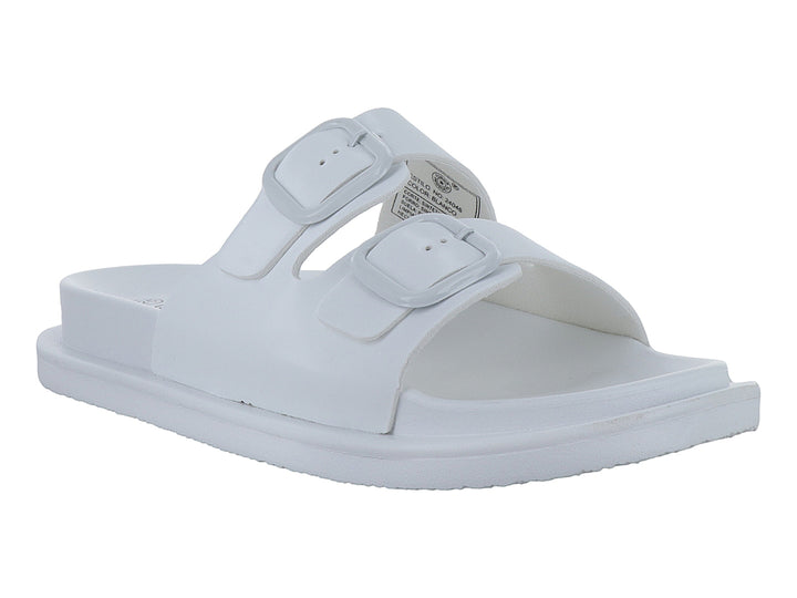 Par de sandalias blancas para niño o niña con dos correas ajustables mediante hebillas y suela plana.