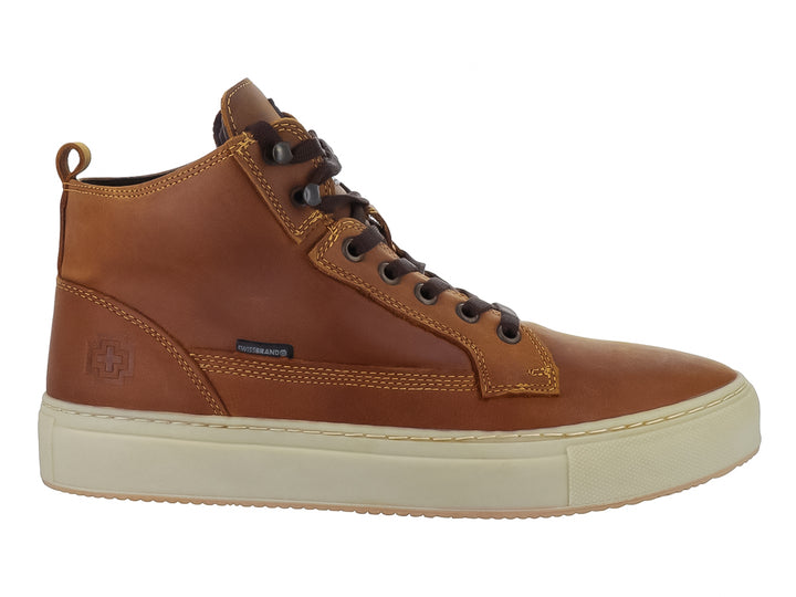 Botín Swissbrand de piel color camel con suela beige y cordones marrón oscuro.