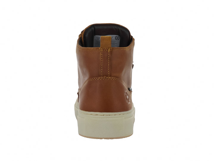 Botín Swissbrand de piel color camel con suela beige y cordones marrón oscuro.