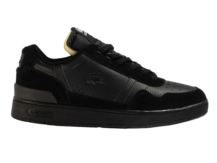 Tenis Lacoste T-Clip color negro con texturas de cuero y gamuza.