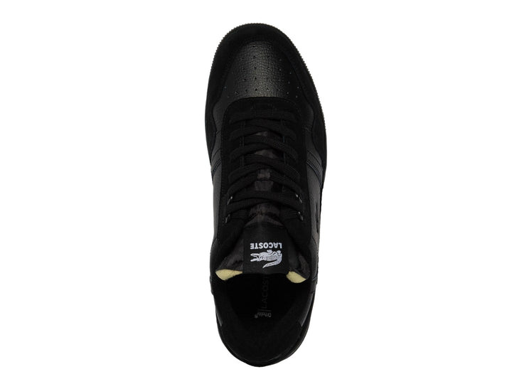 Tenis Lacoste T-Clip color negro con texturas de cuero y gamuza.