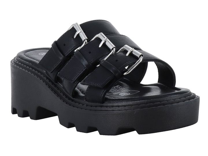Sandalias negras de plataforma con tres correas y hebillas plateadas.