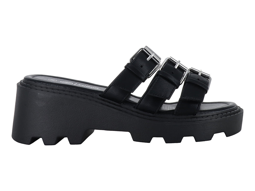 Sandalias negras de plataforma con tres correas y hebillas plateadas.