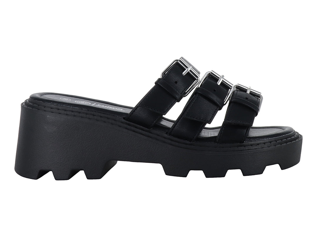 Sandalias negras de plataforma con tres correas y hebillas plateadas.