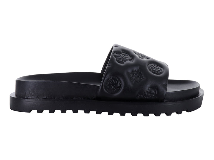 Sandalia negra GUESS con correa grabada y suela de plataforma dentada.